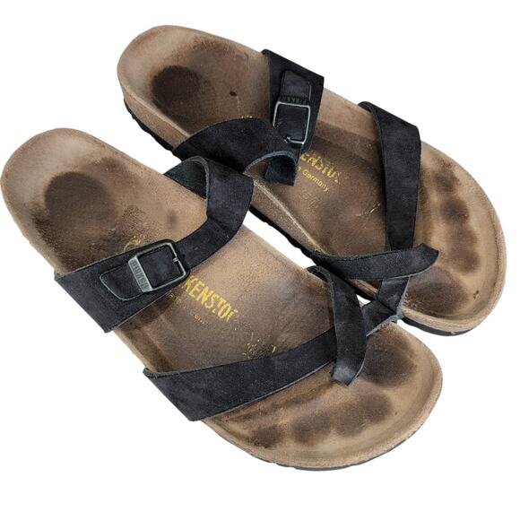 Birkenstock Sandals Unisex 39 250 L8 M6 Mayari Black Leather Strappy Thong Toe - Picture 1 of 8